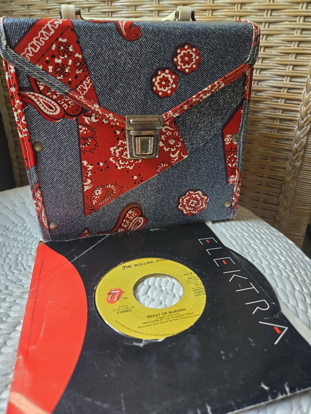 1970s Denim Red Bandana  Vinyl Record Case Multipurpose Vintage Storage